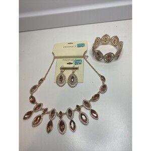 Rose Gold Tone Monet Necklace Earrings Bracelet Set With Rhinestone